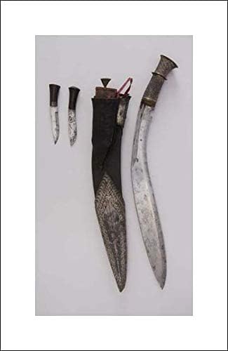 Indian or Nepalese, Gurkha Culture - 12x20 Art Print by Museum Prints - Knife (Kukri) with Sheath, Two Small Knives and Pouch