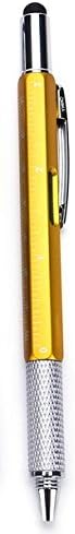 Outdoor Man Tools 6 in 1 Tech Tool Pen with Ruler, Spirit Level, Ballpoint Pen, Screw Driver(Flat/Phillips head), Multifunctional Tool Fit for Mens Gift Home Office and Outdoor (yellow)