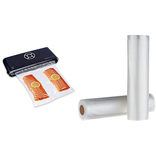 Amazon Basics - Vakuumierer, 30 cm Naht + 10 Vakuumierbeutel, Schwarz & 22 cm x 500 cm, 2 Rollen für Vakuumierer