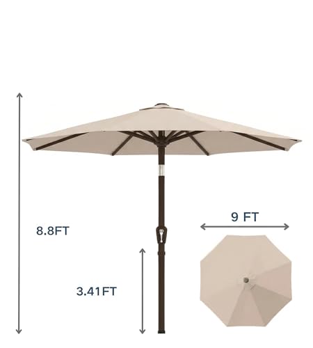 PatioKingdom 9FT Patio Umbrella with Push Button Tilt and Crank Outdoor Market Umbrella with 8 Sturdy Fiberglass Ribs and UV Protection
