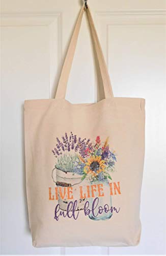 Live Life in Full Bloom Reusable Grocery Bag, Gardening Theme Canvas Tote Bag, 12 Ounce Heavy Natural Canvas bag 16" W X 16" H X 4.2" Bottom Gusset, Teacher Gift, Library Bag - Thumbnail 3