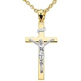 14K Two Tone Gold Linear Cross 1.15" INRI Crucifix Charm Pendant Necklace Religious Jewelry - 22"