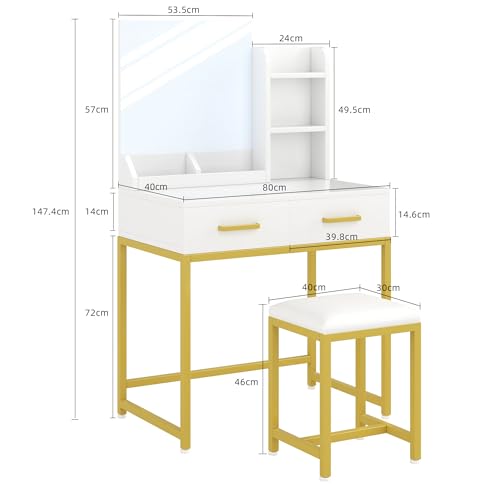 SKY-TOUCH Vanity Desk Chair Set with Mirror : Makeup Table with Stool Dressing Table with Storage Drawer Shelves Vanity Table with Lots Storage for Bedroom (White)