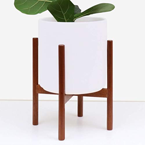 PEACH & PEBBLE Plant Stand with 11″ Planter – Flower Pot Included | Large Modern Plant Pot with Wood Stand | Perfect for Succulent Plants, Indoor Plants & Artifical Plants (11″ – White)