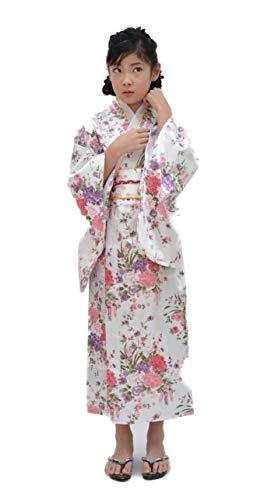 Tikusan Japanese Traditional Dress Kimono Yukata Robe for Kids Girls Costume (8-9 Years, White)