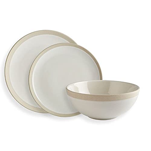 12 Piece Dinner Set, Fairmont & Main Elements Bone, Stoneware, Cream with Unglazed Band, Dishwasher Microwave Oven Safe