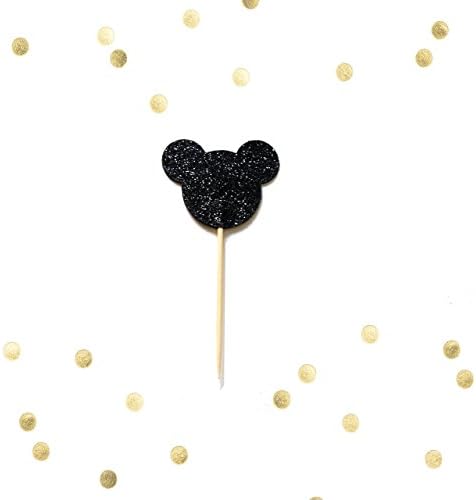 Set of 10 - Black Glitter Mouse Ears Cupcake Cake Picks, Baby First Birthday Mickey Cake Topper, Metallic Party Decor, Baby Shower, Birthday Handmade