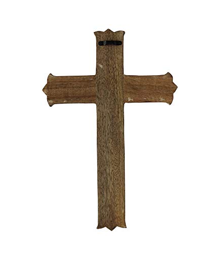 Artisans Of India Wooden Cross Plaque Long Hanging with Hand Carvings Religious Altar Home Living Room Decor (10 Inches Long)