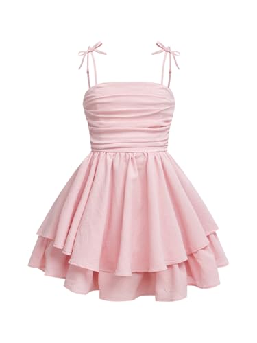 RoseSeek Girl's Flowy Cami Dress Ruched Sleeveless Pink Layered Ruffle Kawaii Short Smocked Summer Dresses