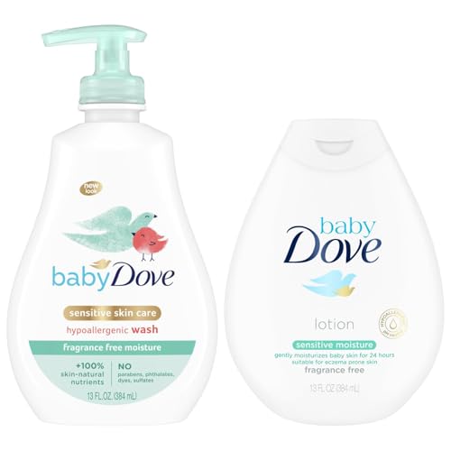 Dove Baby Sensitive Skin Care Bundle – Hypoallergenic Wash & Baby Lotion, Fragrance Free Moisture, Baby Gift Set, 13 Oz Ea (2 Piece Set)