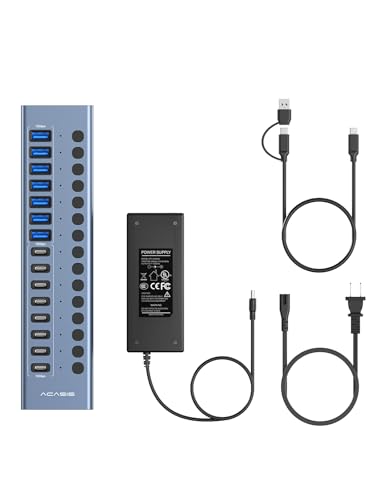 Hub USB 3.2 alimenté, ACASIS USB Hub 10Gbps 16 ports (8 ports USB-A 3.2 + 8 ports USB-C 3.2) en Aluminium, Multi Hub USB avec adaptateur d'alimentation 96 W, Hub USB Alimenté pour PC/Macbook/Clé USB