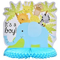 It's A BOY! Baby Shower Party Bundle for 18 with Plates, Napkins and 10 inch Zoo Animal Centerpiece