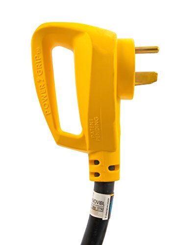 Camco 50' PowerGrip Extension Cord with 30M/30F- 90 Degree Locking Adapters | Allows for Easy RV Connection to Distant Power Outlets | Built to Last (55525)