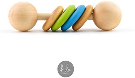 Homi Baby The Modern Color Block Montessori Baby Rattle (Turquoise and Olive) - BPA & Lead Free Silicone Teether Rings - Hardwood Sealed with Organic Coconut Oil and Beeswax