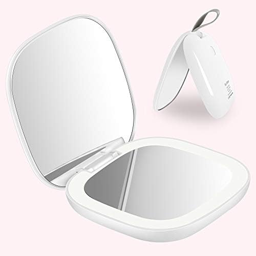 DIKI LED Makeup Mirror, 1X/2X Magnifying Lighted Travel Mirror, Illuminated Vanity Mirror with Daylight LED, Portable Compact Handheld Cosmetic Mirror, Adjustable Brightness (White)