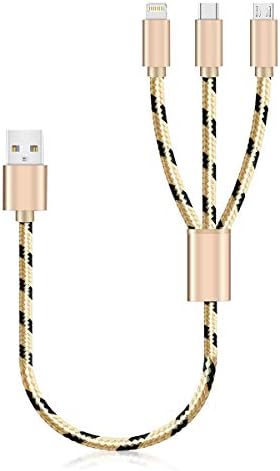 SVEUC 2Pack Multi Charging Cable Multi Charger Cable USB Multi Cable 3 in 1 Charging Cable Short 1ft/0.35m Nylon Braided 3-1 Charging Cable for Phones(Gold)