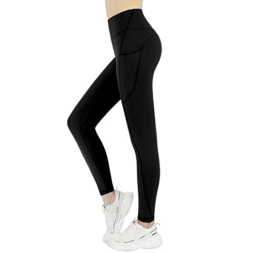 KKB WOMEN’S HIGH WAISTED YOGA LEGGINGS WITH SIDE POCKETS,TUMMY CONTROL SPORTS WORKOUT ATHLETIC RUNNING PANTS(BLACK,L)
