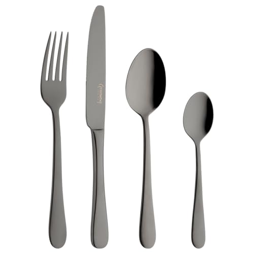 Grunwerg Windsor 16 Piece Cutlery Set, Black, 18/10 Stainless Steel, PVD Coating, 4 x Table Knives, Table Forks, Dessert Spoons, Teaspoons