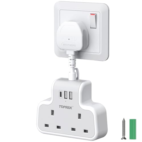 TOPREK Multi Plug Adaptor with USB C, Double Plug Adapter UK, 5cm Short Extension Lead、Compact Wall-Mounted Adapter UK for Home, Office, Kitchen