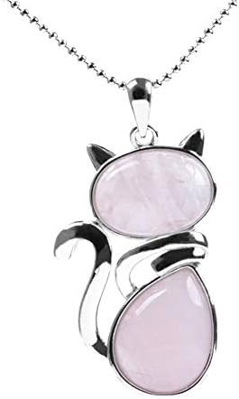 IMBM STYLE Pendants Necklaces - Natural Stone Necklaces Pendants for Women Girl Cute Cat Shape Rock Pink Quartz Black Onyx Beads Chain Reiki Jewelry