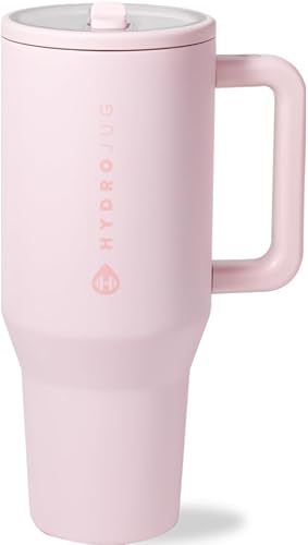 HydroJug Traveler - 32 oz Water Bottle with Handle & Flip Straw - Fits in Cup Holder, Leak Resistant Tumbler-Reusable Insulated Stainless Steel & Rubber Base - Gifts for Women & Men, Pink Sand