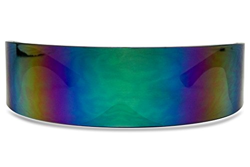 Black Retro Futuristic Single Shield Color Oversized Wrap Cyclops/Visor Sunglasses (Smoke, Midnight Green Mirror)