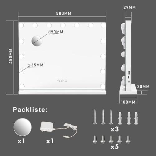 MIQU Espejo Maquillaje con Luz 58x45cm,Espejo Tocador Hollywood con 15 Bombillas LED,3 Modos de Luz,Intensidad Ajustable,con Puerto USB/Type-C,Aumento 10X,Control Táctil,para Mesa o Pared