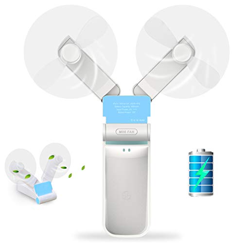 Dual Head Mini Portable Fan USB, Handheld Personal Fan, Small Pocket Foldable Desk Fan for Home Office Traveling Or Hiking, Lithium Battery Operated Rechargeable Patented Degisn, Blue White. - Thumbnail 6