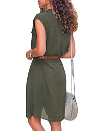 CILKOO - Vestido informal con cuello en V y botones en el bolsillo, con cinturón