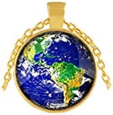 Earth Necklace Globe Pendant Planet Jewelry Glass Cabochon Pendant Handmade Jewellery (gold)