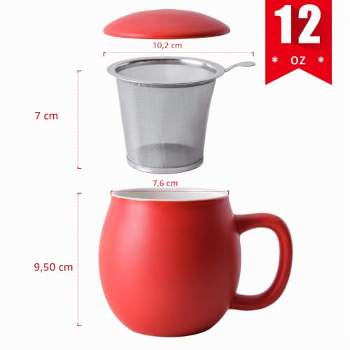 Yundu 12oz Matte Red Ceramic Tea Mug with Infuser and Lid, Steeping Lid Cup Stainless Steel Infuser for Loose Leaf Tea, Home Office Gift for Lovers
