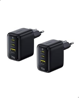 Enerfill - Caricatore USB C da 70 W, confezione da 2 caricabatterie rapido GaN6 a 3 porte, alimentatore compatto per MacBook Air, iPhone 17/16/15 Pro Max, iPad Pro, Galaxy S25/S24, Pixel