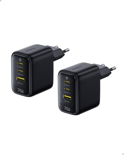 Enerfill - Caricatore USB C da 70 W, confezione da 2 caricabatterie rapido GaN6 a 3 porte, alimentatore compatto per MacBook Air, iPhone 17/16/15 Pro Max, iPad Pro, Galaxy S25/S24, Pixel