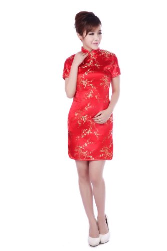 JTC Women's Royal Chinese Plum Cheongsam Mini Dress Qipao Red
