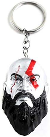 Kratos -God Of War four Keychains， 3D Kratos Mask Keyring Kui Ye Axe Hammer Knife Weapons Model Men Cosplay Car Gift