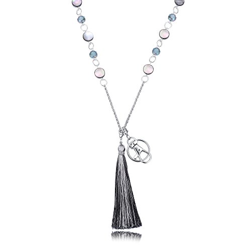 Crimmy - Women's Fashion Lanyards with ID Holder - 34'' Stainless Steel Chain Beaded ID Badge - Stronger Jewelry Lanyards with Convertable Tassle and ID Hook (quartz)