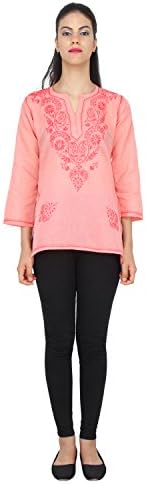 Indian Ethnic Kurta Kurti Short Chikan Embroidery Tunic 3/4 Sleeve Pure Cotton Blouse for Women (Peach) (42)