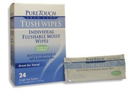 Tush Wipes for Adults 24 Individual Flushable Moist Wipes / 2 boxes - 48 Single-Use-Packets