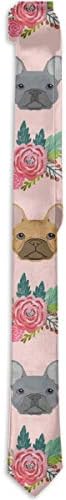 Men's Skinny Tie Floral Print Necktie, French Bulldog Flowers Pattern Best For Groomsmen