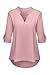 roswear Women's Chiffon V-Neck Business Casual Blouse Work Tops with Cuffed Sleeves Dark Pink X-Large