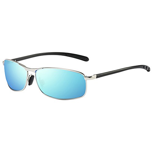 ZHILE Rectangular Polarized Sunglasses Al-Mg Alloy Temple Spring Hinge UV400 (Silver, Blue mirrored)