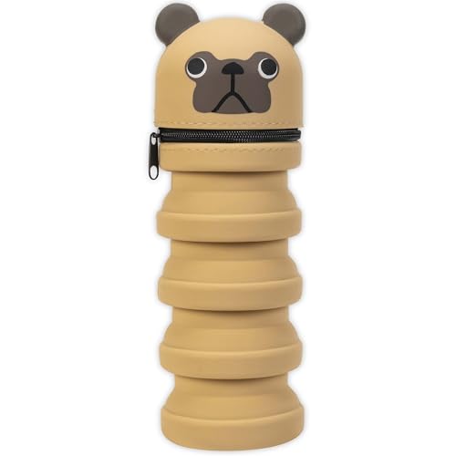 Little Yellow Bicycle: Retractable Pencil Case - Pug - Playful Brown Dog Character, Zipper Carry Pouch, Silicone, School Supplies & Utensil Storage