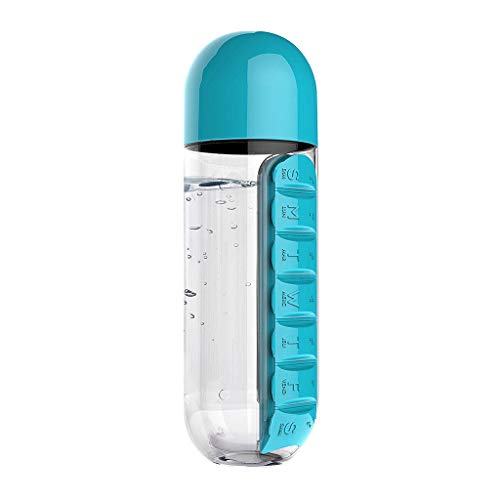 Multifunction Portable 7 Daily Pill Box Water Bottle Cup Case Capsule Organizer blue 600ml Sport Fitness Gym Drinking Water Bottle (Blue)