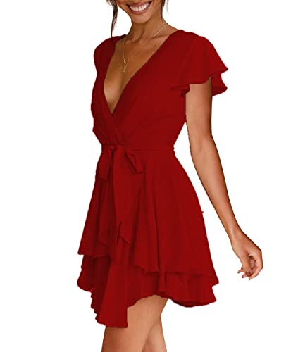 FLYBONY WOMENS SHORT SLEEVE V NECK DRESS TIE WAIST RUFFLE MINI SWING SKATER DRESSES WINE RED