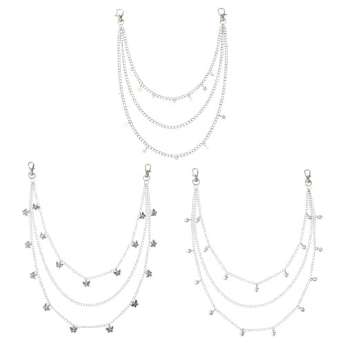 UR URLIFEHALL 3 pcs Silver Belt Chain 3 Styles Gothic Pocket Chain with Heart Star Butterfly Decorations for Wallet Pants Jeans