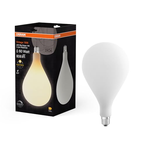 Osram Vintage 1906 Big Grape ist eine dimmbare Lampe mit LED-Technologie im dekorativen Glühwendel-Design. Sie bietet 7.3 W für 806 lm, E27 Fassung, Frosted Design, 160 mm Durchmesser, CRI 80.