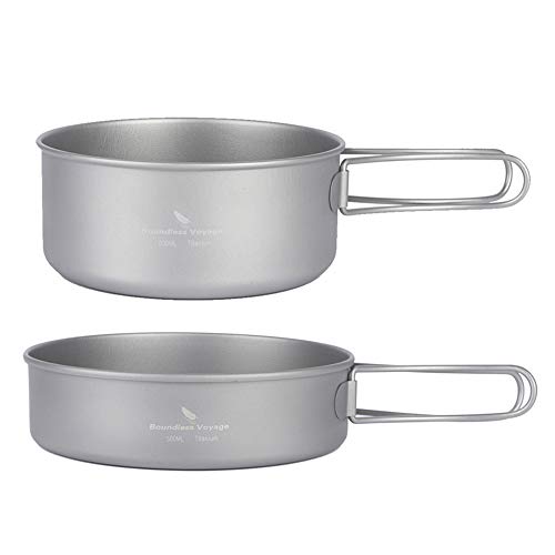 iBasingo Titanium Pot Pan Spoon Spork Mini Stove Sets Outdoor Camping Cooking Sets with Folding Handle Ultralight Portable Dinnerware Cookware Sets for Picnic Travel (Pan & Small Pot (Ti1575I))