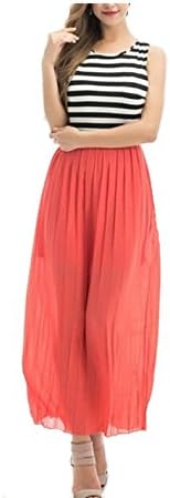 Fashion Beach Sleeveless Strip Top Chiffon Pleated Maxi Long Dress
