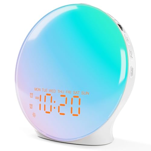 Wake Up Light Sunrise Alarm Clock for Bedroom, 17 Nightlights, Sound Machine with 5W Bluetooth Speaker, 25 Soothing Sounds, SleepTimer, Dual Alarms, FM Radio, Ideal Gift for Baby, Kids, Adults, Senior