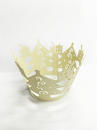 HUAL Cupcake Wrappers 50 Filigree Artistic Bake Cake Paper Cups Christmas tree Lace Laser Cut Liner Baking Cup Muffin Case Trays for Wedding Party Birthday Decoration (White gold)